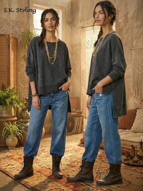 Paper Lace Vintage Wash Hi-Low Fleece Tee/Sweatshirt Tunic Retro Hippie Oversize